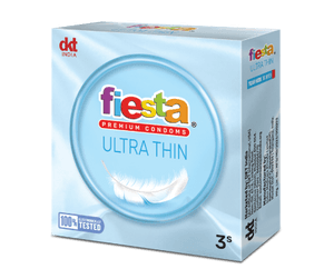 Pack of Fiesta Ultra Thin premium condoms by DKT India, 3’s pack with extra thin design.